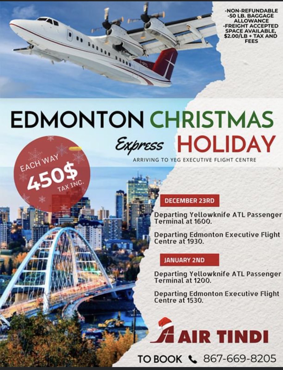 AirTindi's tweet photo. @wgagnon William, glad you got a seat on Can North. Sounds like still a lot of stranded people. So we are going to put on another Edmonton Express charter, tomorrow Friday Dec 23. Departing #YZF at 4:00 pm and departing #Edmonton at 7:30 pm. Please pass the word #Yellowknife https://t.co/oe6d4OCZhG