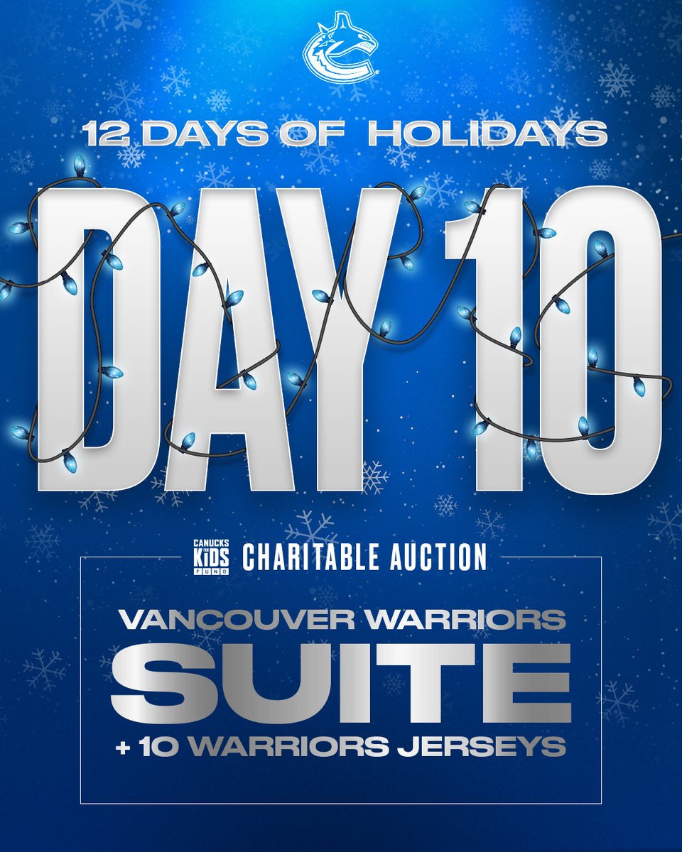 Canucks's tweet photo. Day 10 of #12DaysofHolidays π
Auction is open to bid on a Vancouver Warriors Center Ice Suite that includes π @nllwarriors jerseys!
Charitable auction with proceeds going to the Canucks for Kids Fund.
BID | https://t.co/fXJChABkGG https://t.co/6w7UOyGVcY