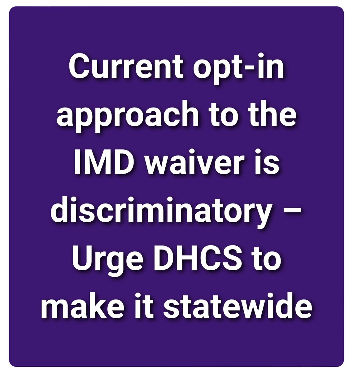 🚨 California action alert 🚨

The #IMDExclusion is discriminatory, but making counties across the state opt into the waiver falls short of fixing the problem. Urge the California Department of Health Care Services to make the waiver statewide: bit.ly/3HW28W5