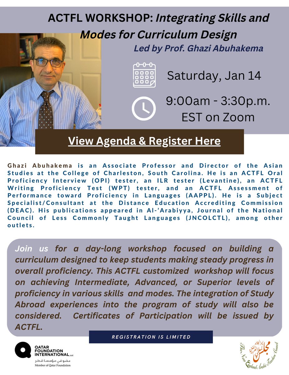 NEW YEAR 🎉 NEW WORKSHOP: Join us on January 1⃣4⃣ from 9am-3:30pm for a day-long ACTFL workshop. View Agenda &amp; Register HERE: bit.ly/3YLZqsr