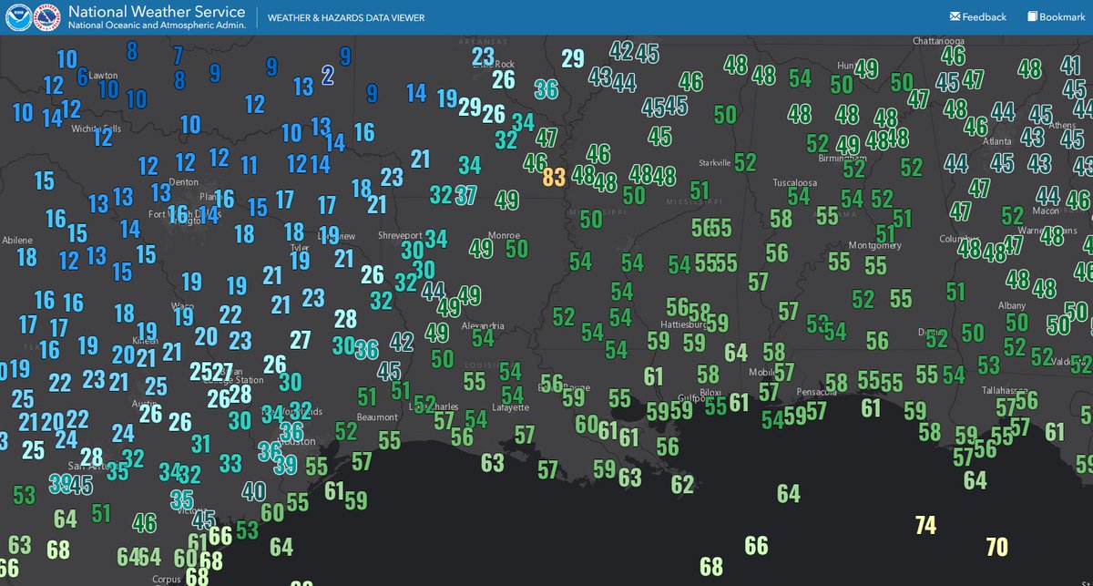 NWSNewOrleans's tweet photo. The cold front has made it into Louisiana. It will continue to surge toward the coast over the next several hours.
Temps Have already dropped into the 30s across NW Louisiana behind the front.
(Ignore that 83 degree temperature in SE AR. They're just wishful thinking. 😂) https://t.co/FkiwkxZLQl
