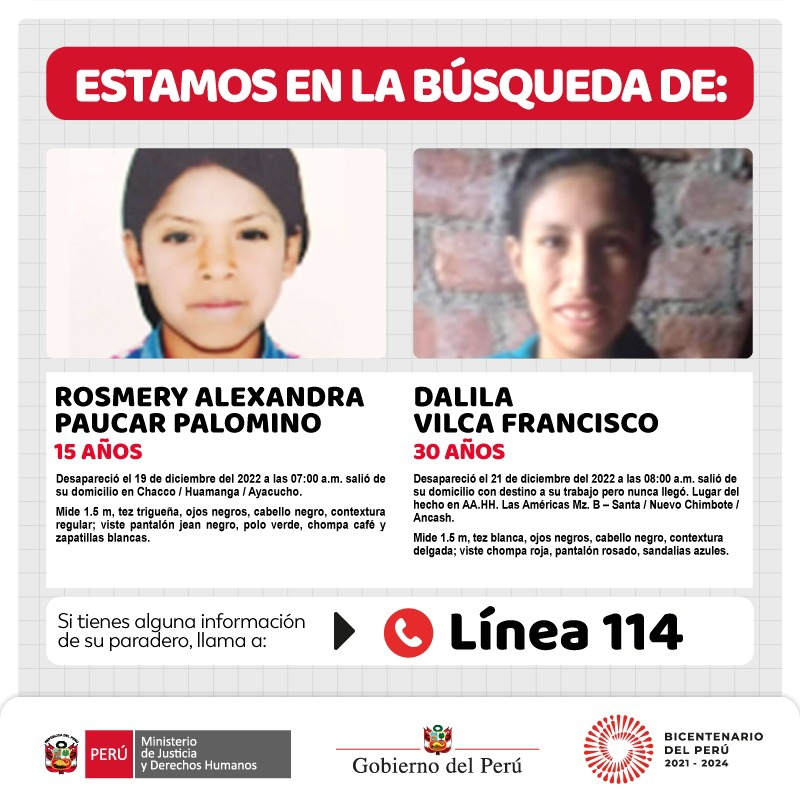 MinjusDH_Peru's tweet photo. ¡Logremos que vuelvan a casa!

Estamos en la búsqueda de Rosmery Paucar (15) y Dalila Vilca (30), quienes están desaparecidos. 

📞 Si conoces su ubicación, comunícate a la línea 114. https://t.co/v3V7BwlHJK