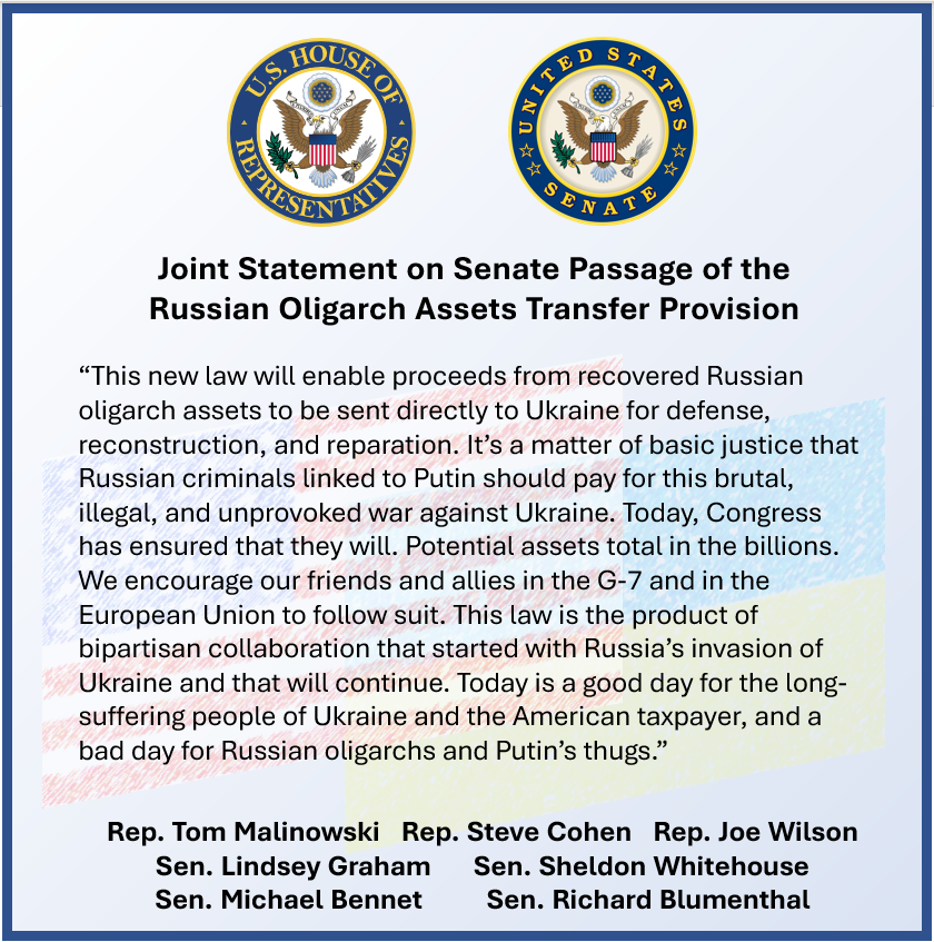 🚨New statement from bipartisan, bicameral congressional leaders behind the provision to use forfeited assets of Putin-linked criminals & oligarchs to help rebuild Ukraine 🇺🇸🇺🇦 #omnibus