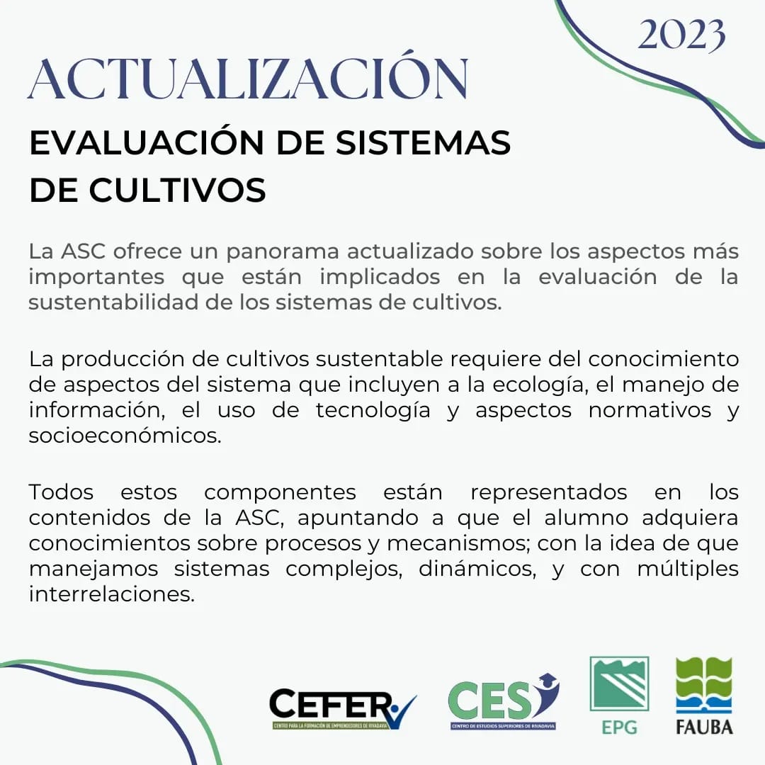 👇Dictado 2023 de la Actualización en Evaluación de Sistemas de Cultivos en <a href="/CEFERRivadavia/">CEFER</a> de América. Posgrado de <a href="/AgronomiaUBA/">FAUBA</a> referido al herramientas y conceptos para entender y evaluar la sustentabilidad agrícola.  Preinscripción: forms.gle/WJpobmvebGgRfs…