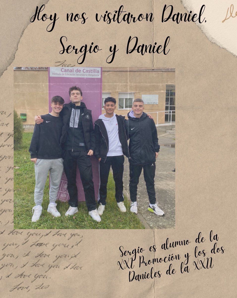 IESOCanal's tweet photo. #ElTiempoVuelve. Hoy vinieron a vernos Sergio Merino, Daniel Domingo y Daniel Sánchez, alumnos de la XXI y XXII Promoción.

#educación #educaciónsecundaria #villamuriel #palencia #encuentros #canaldecastilla https://t.co/TjOdI9iTzf