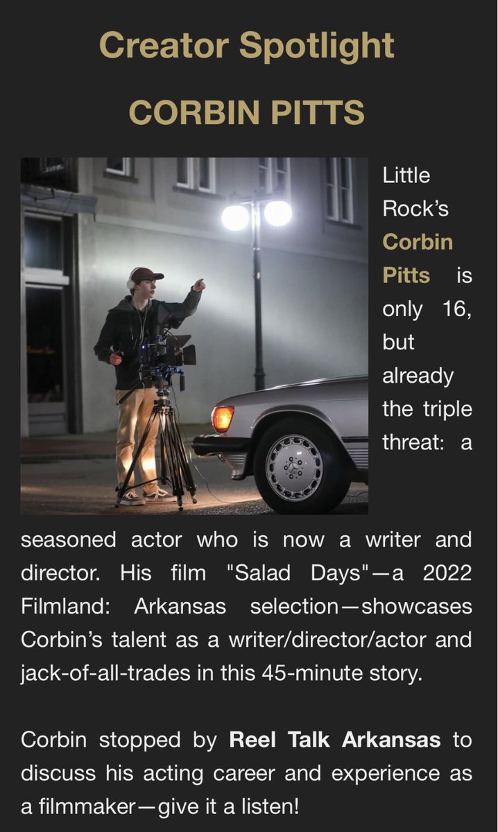 PittsCorbin's tweet photo. Special thanks to @ArkansasCinema for featuring me in Arkansas Cinema Society’s Creator Spotlight! Click here (https://t.co/qOtsQf7Ldl) to listen to the podcast!  @DDOartists #DDOKIDS @Stagecoach_Ent @TheAgencyTalent https://t.co/w2WuFIIygb