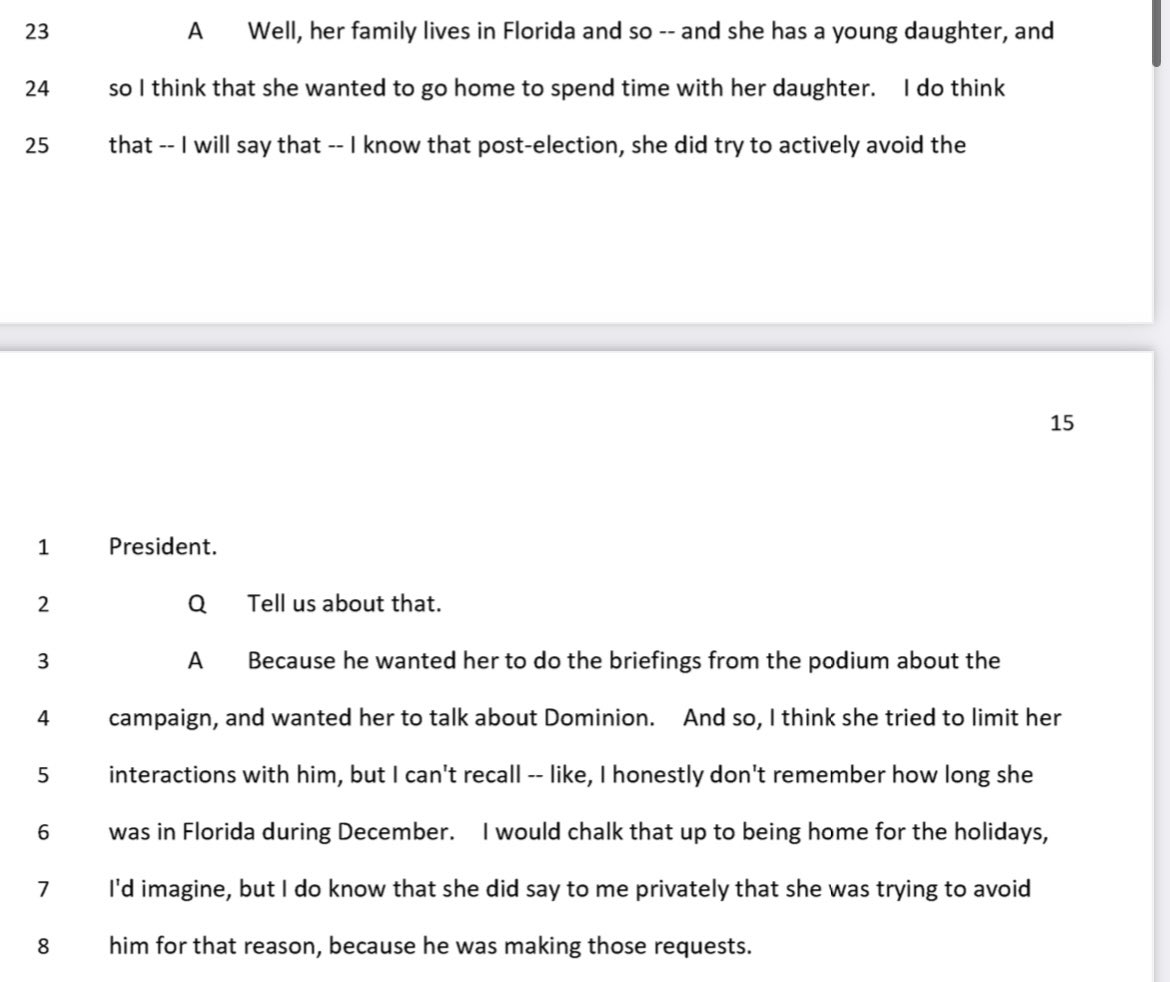 kaitlancollins's tweet photo. Sarah Matthews testified to the Jan. 6 committee that Kayleigh McEnany “actively” tried to avoid Trump after the election because he wanted her to do briefings from the White House podium on Dominion. https://t.co/xj4QsaxcDU