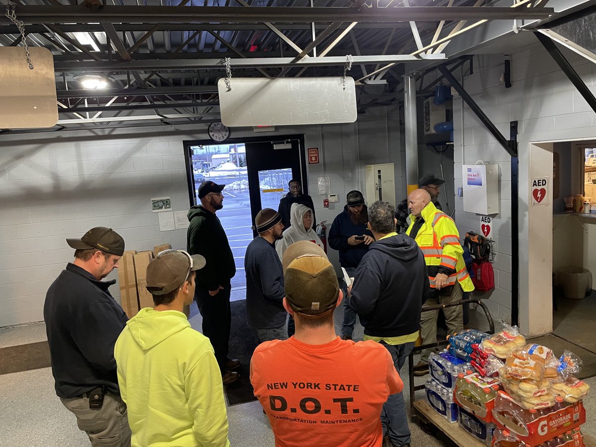 NYSDOTBuffalo's tweet photo. DOT personnel from other parts of the state receive a safety briefing at our North Erie County maintenance residency before engaging in snow and ice activities this weekend - welcome to WNY ❄️ https://t.co/JXi7bCbeJX