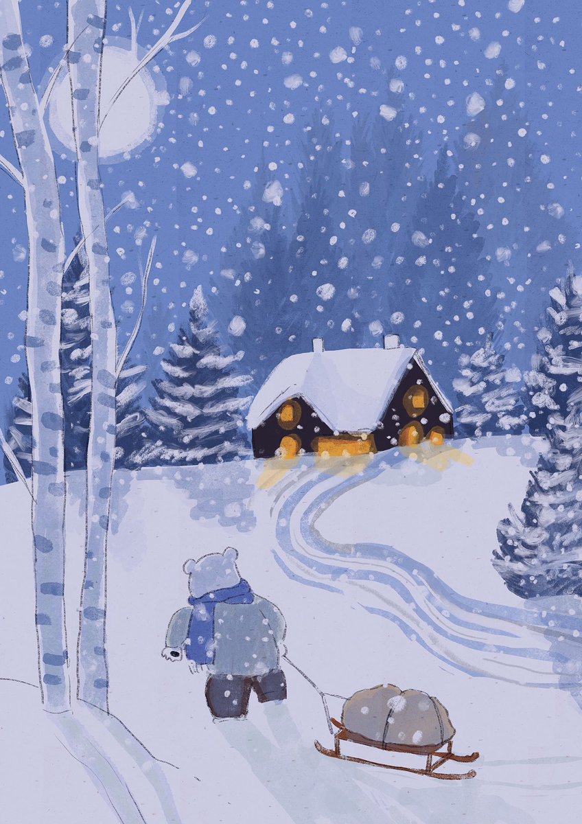 「もう雪降ってるとこもあるみたい。息が白くなりますね 」|ももろ　4／20発売絵本「パンダのパクパクきせつのごはん」のイラスト