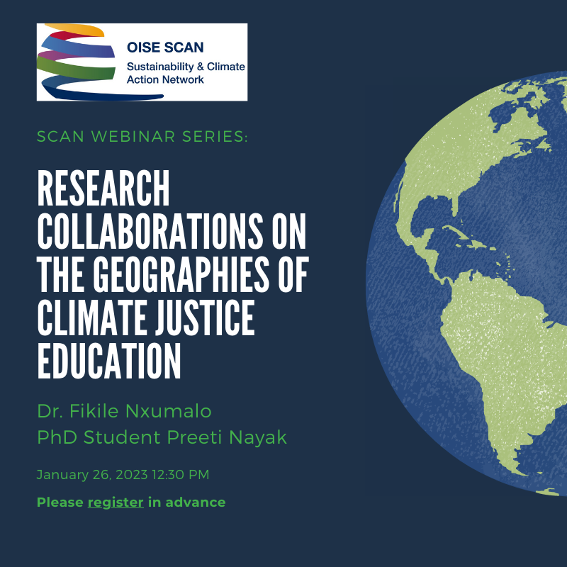 OISE_SCAN's tweet photo. Dr. Nxumalo and PhD candidate Preeti Nayak will share their research on climate justice education. In this talk, they will share their approach to this topic through research, writing, and inquiry. This is a free event; registration in-advance required: [https://t.co/LllSFnYScn]. https://t.co/oT6nmdd8PL