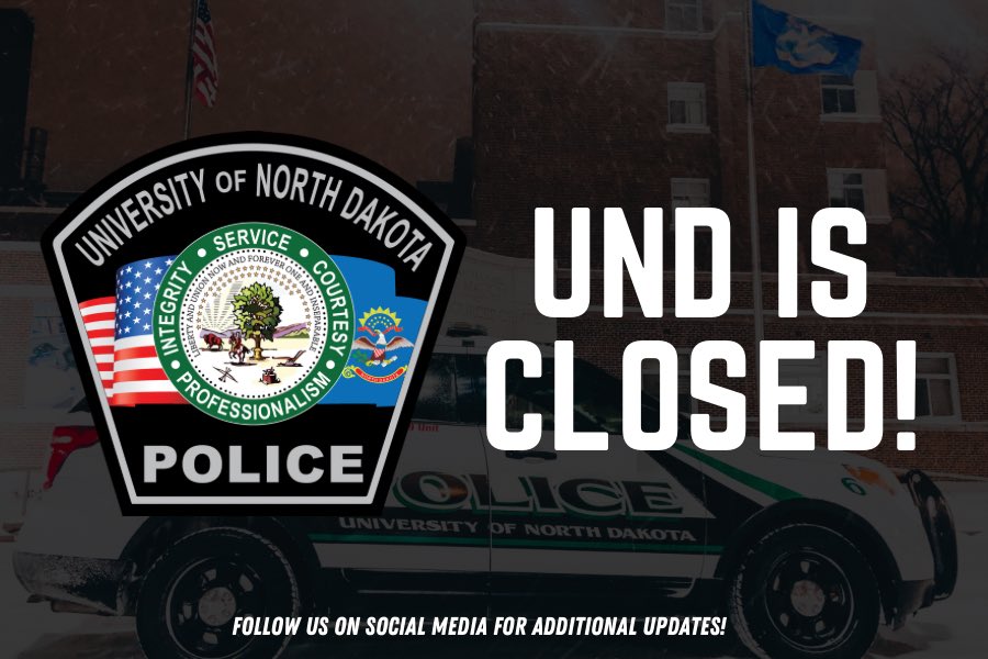 The <a href="/UofNorthDakota/">U of North Dakota</a> will be closed tonight starting at 5:00 PM due to anticipated blizzard conditions and will remain closed tomorrow, December 23rd. Please check your local road conditions before traveling. #BestCopsAround