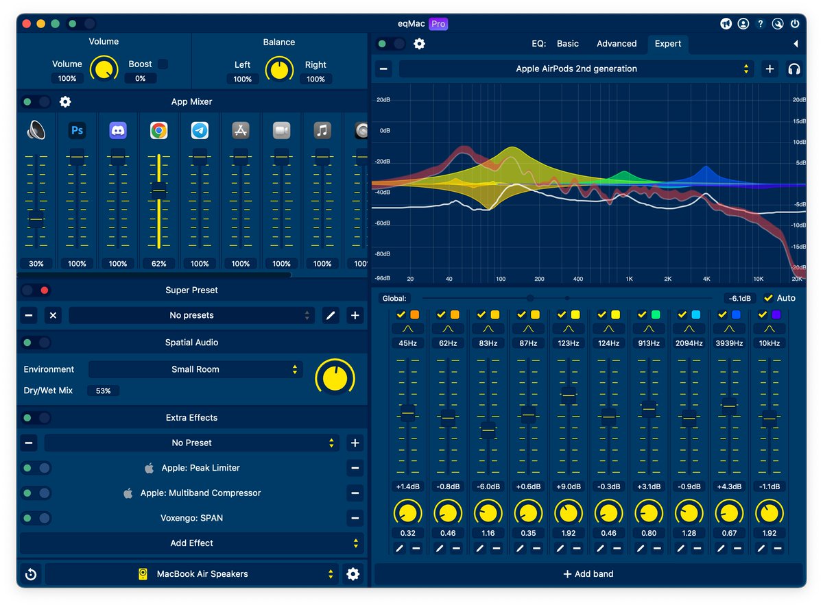 eqMacApp's tweet image. eqmac.app is a System Audio Equalizer for macOS 
• Unlimited Band EQ + Spectrum Analyzer
• App Volume Mixer
• 3rd party Audio Unit Effects Hosting
• Spatial Audio
• Auto Preset Switching
• Customizable UI
• and much more

Singlehandedly built by @nodeful ✌️🏻
