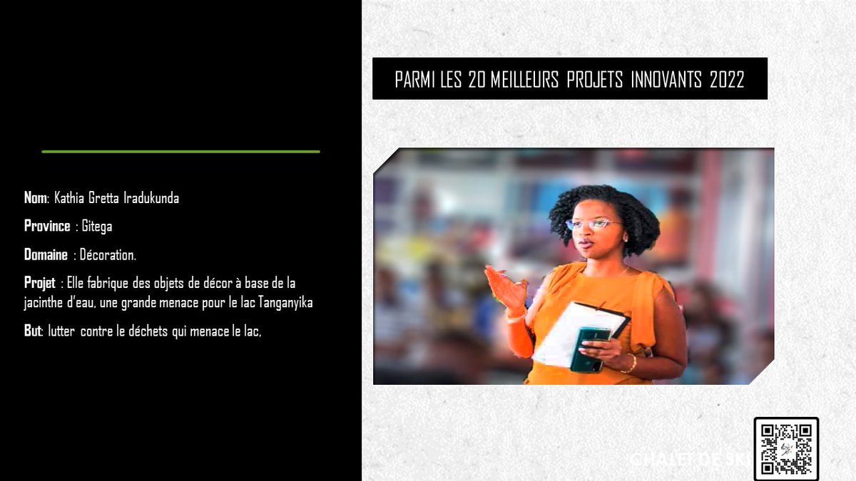 Parmi les 20 jeunes qui se sont distingués en 2022, en entrepreneuriat pour lutter contre le chômage.

Kathia Gretta Iradukunda, de la province Gitega. Elle fabrique des objets de décor à base de la jacinthe d’eau, une grande menace pour le lac Tanganyika.
#jeunes
#Entrepreneursh