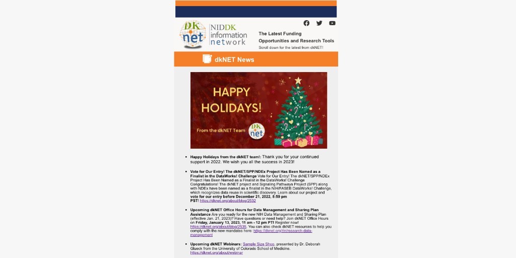 dkNET_Info's tweet photo. This month's #dkNET Newsletter is now available for online viewing! Find out #funding announcements, events, research tools, community news and more! https://t.co/AybegXNji9
#diabetes #T1D #endocrinology #obesity #webinar #bioinformatics #datascience #kidney #dchallenge https://t.co/uvQyJdVdCb