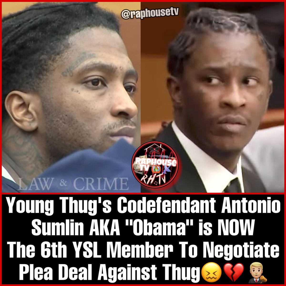 raphousetv2's tweet photo. Young Thug's Codefendant Antonio Sumlin AKA "Obama" is NOW 
The 6th YSL Member To Negotiate Plea Deal Against Thug😖💔👨🏼‍⚖️ https://t.co/Lu9sMa8gQw