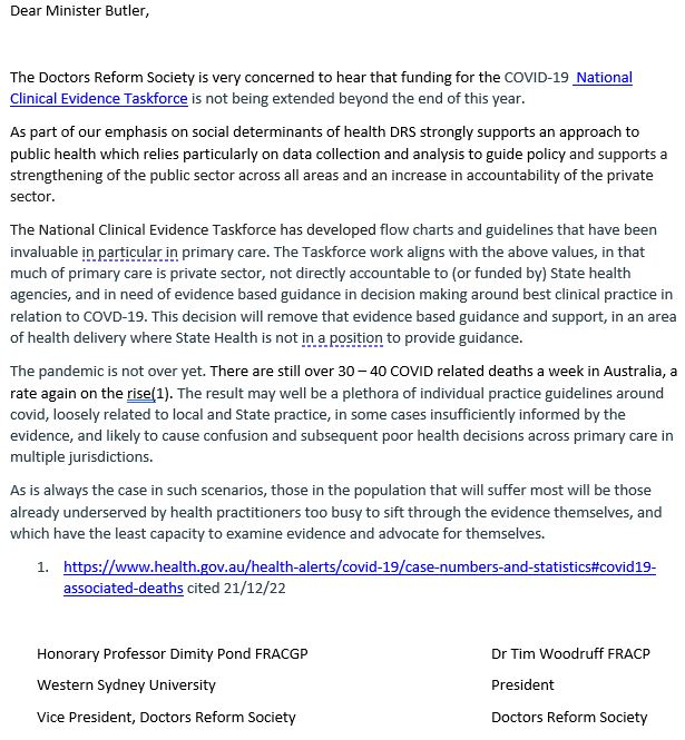 Covid deaths continue. Fed Gov ends good advice for doctors treating covid. Saves money, increases burden on exhausted doctors, patients will not get best care. <a href="/drsreform/">Doctors Reform Society</a> <a href="/MelissaSweetDr/">Melissa Sweet</a> <a href="/AusHealthReform/">AHCRA</a> <a href="/SenatorJordon/">Senator Jordon Steele-John</a>