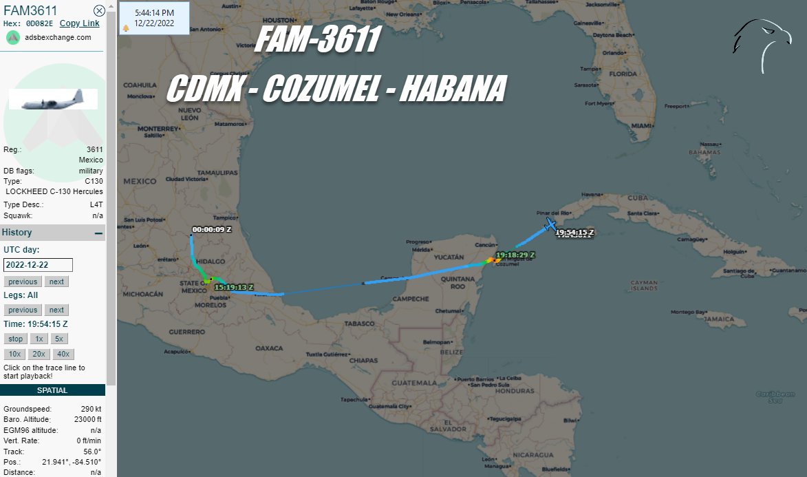 🚨#FAM3611 #0D082E
C-130 Hercules
Fuerza Aérea Mexicana 

Foto créd al autor: #Habana-#Cozumel-#CDMX
t.ly/ALaV

Los negocios de @lopezobrador_ #AMLO con el @PartidoPCC 🔥🧐

#PlaneAlert #AvGeek #ADSB #Aviation #OSINT #22Dic
#Ahora #OSINTCuba #cuavion #Cuba #military