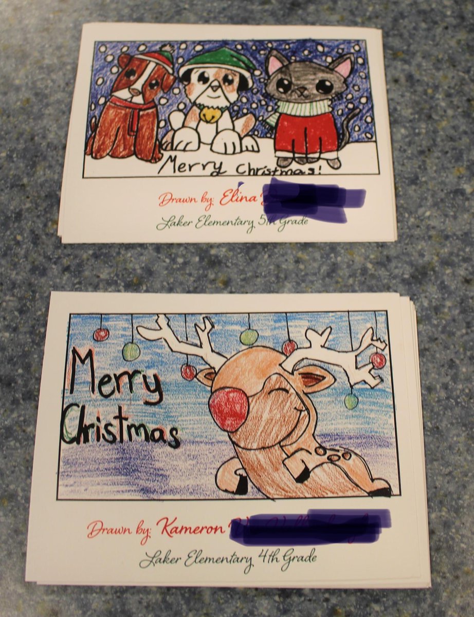 Holiday cards designed by our students are in the mail to all 400 students and families. #HappyHolidays2022 #lakerelementary #talentedstudents