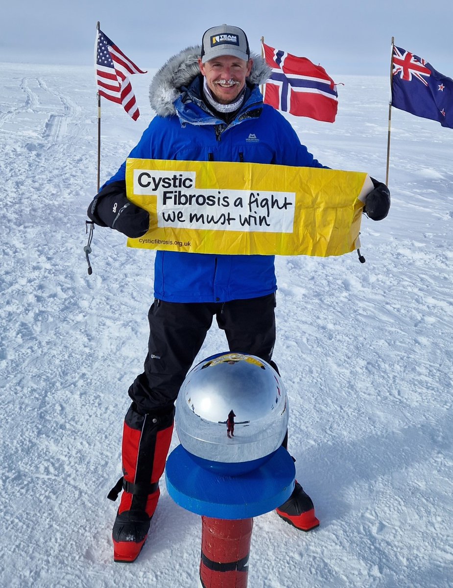 Hi <a href="/7BOOMERESIASON/">Boomer Esiason</a> - you once asked me what I'd do after Everest and I said I wasn't sure I'd even do that. Now done the highest mountain on each continent and skied to the South Pole. Hope you like the <a href="/cysticfibrosis/">Boomer Esiason Foundation</a> hat I brought along! <a href="/jcahillYCF/">Jerry Cahill</a>