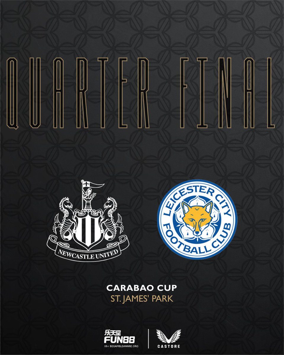 NUFC's tweet photo. 🏆 #NUFC will face Leicester City at home in the quarter final of the Carabao Cup.

Quarter final ties will take place in the week commencing 9th January. https://t.co/xOdphCdH7F