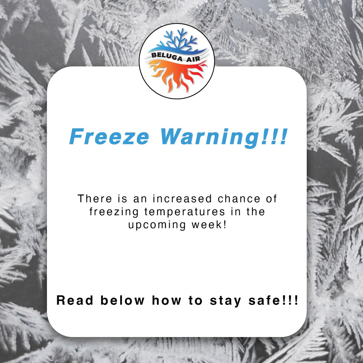 Freeze Alert! 

Turning on heaters may cause smoke initially. This is normal.  If smoke persists call us immediately. 

If your heat isn't working switch to emergency heating and call us to come and take a look. 

Phone: (210) 468-5977⁣⁣
mybelugaair.com/contact-us/