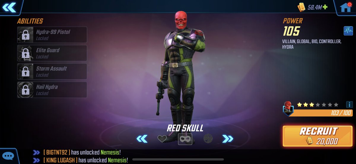 KingLugash's tweet photo. Welcome three new folx to my squad: Red Skull, Nemesis, and Thanos! Now 195 characters total!  Villain-unlock-apalooza
  #MarvelStrikeForce #MarvelSF @MarvelStrikeF https://t.co/Dgg1DwfsvN