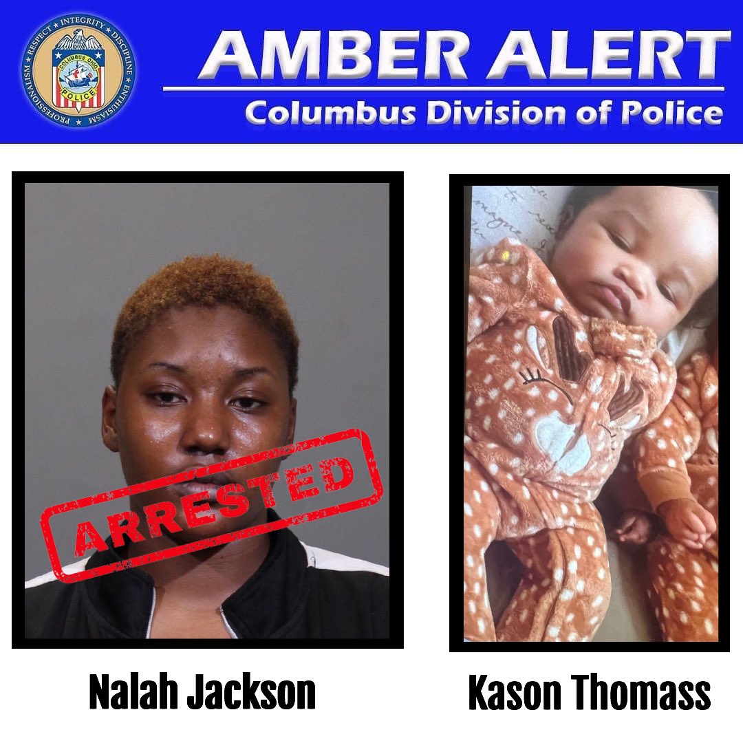 ColumbusPolice's tweet photo. 🚨AMBER ALERT UPDATE🚨

Nalah Jackson was arrested Thursday by @IMPDnews. Kason Thomass, the missing 5-month-old baby, was not with the suspect. The search for the child is ongoing &amp; has expanded to Indiana where an Amber Alert has been initiated. @FBI is offering a $10k reward. https://t.co/5tYg33LDsg