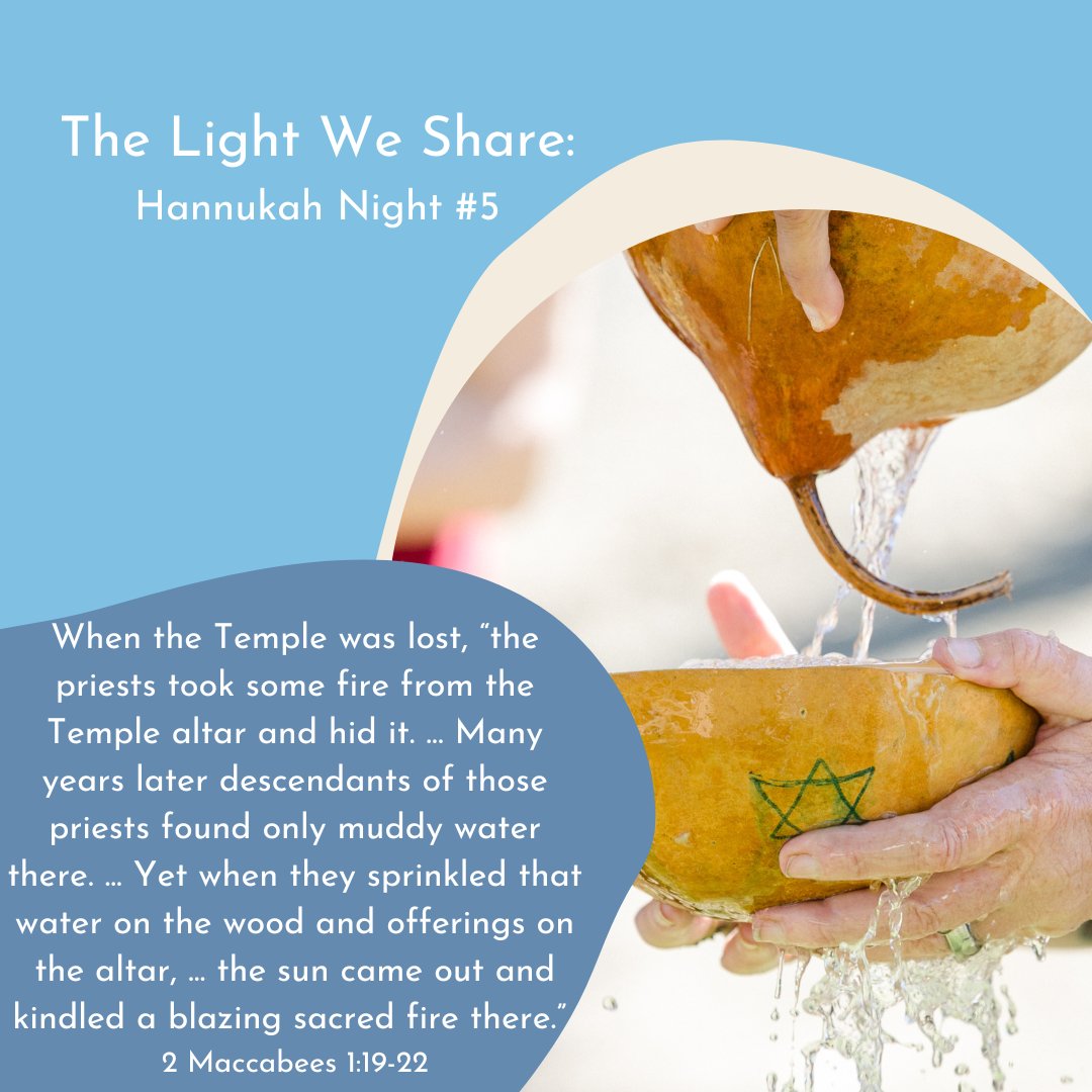 The Book of Maccabees recounts a Hanukkah miracle, of sacred fire emerging from water on the altar. 
We are reminded of the balance of all things - light and darkness, joy and grief, power and humility, all from a tender heart. May the light of Hanukkah touch your heart.