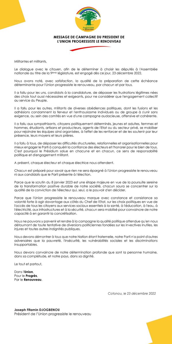 🟡⚪ Aux 1ères heures de la campagne électorale pour les législatives de janvier 2023, le Prof. Joseph Fifamin DJOGBÉNOU, Président de l'#UpLeRenouveau, a adressé un message aux militants(es), sympathisants et à tout le peuple béninois. #Wasexo #UpLeRenouveau #Legislatives2023
