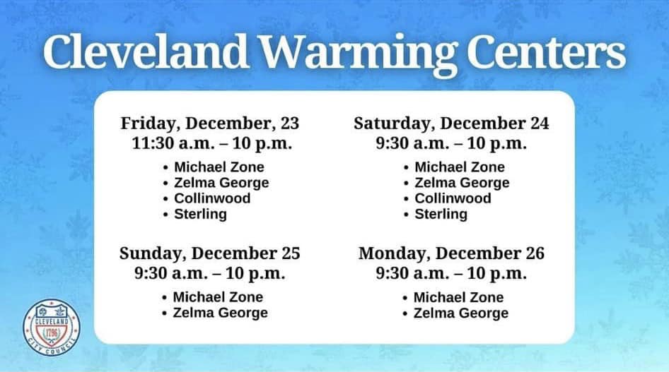 jennyspencercle's tweet photo. Reminder about the warming centers that will be open this weekend, starting today, Friday 12/23. Please check on your neighbors, especially the elderly. Note that only two warming centers are open on Christmas and the day after - one of those is Michael J. Zone in Ward 15. https://t.co/fI00tzxsMe
