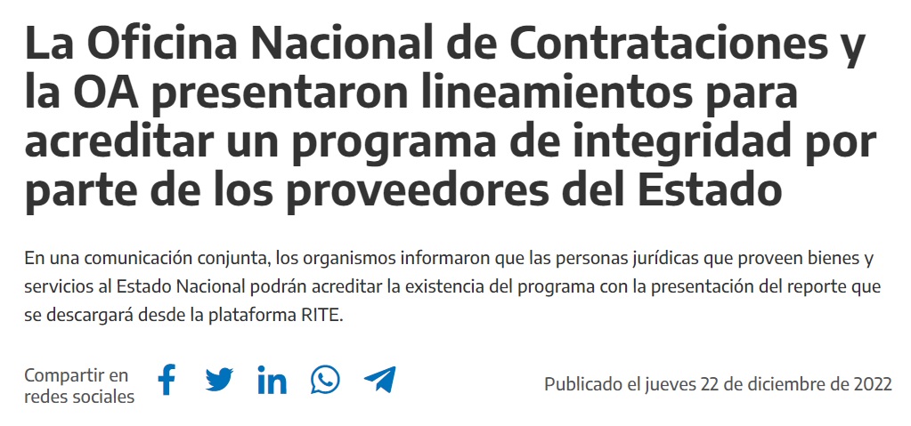 ➡️En el día de ayer, la #ONC y la #OA emitieron un Informe para establecer los lineamientos para la acreditación de un Programa de #Integridad, al momento de contratar con el Estado, conforme el Decreto 277/18. #compliance
Ver Informe de Firma Conjunta 👇
argentina.gob.ar/sites/default/…