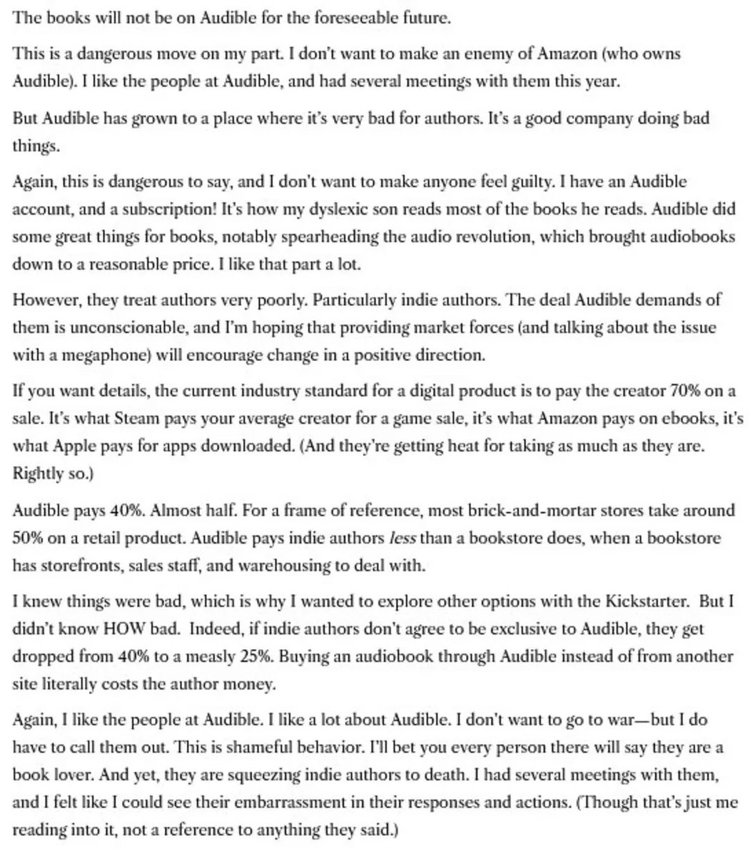 Here's <a href="/BrandSanderson/">Brandon Sanderson</a> doing an incredible thing and going to bat for indie authors like me and my friends. We've lamented Audible's low royalties forever, but their market dominance meant we had little choice in it.
This is like the President of Fantasy taking our side.