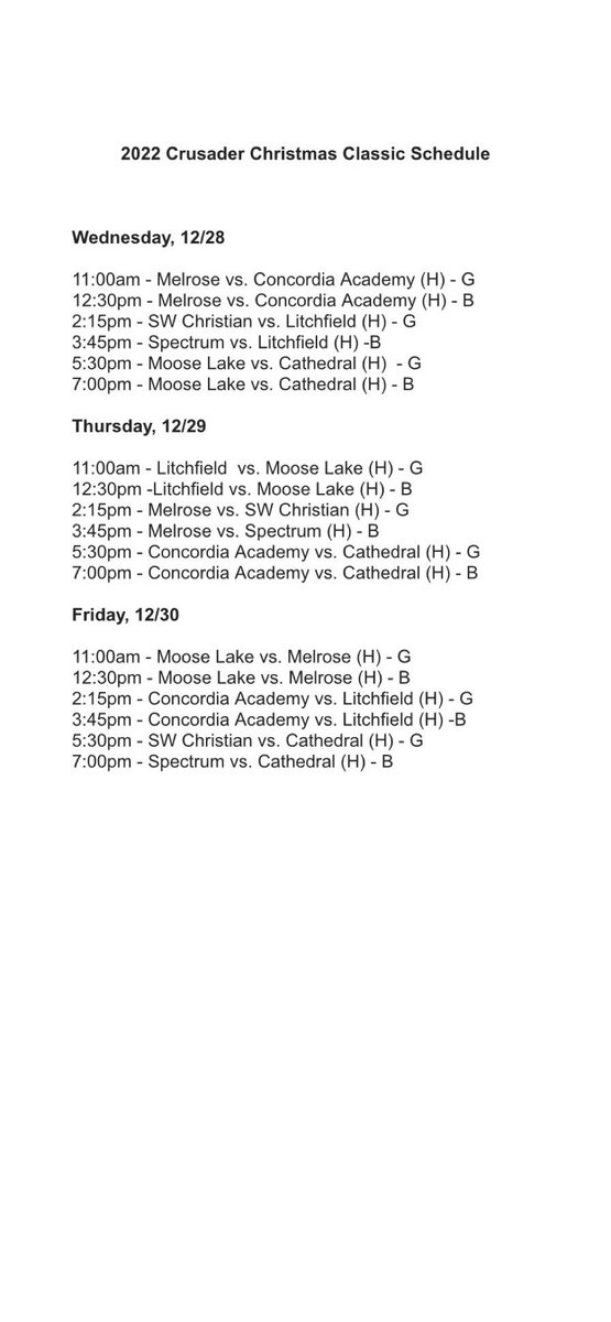 LitchGBB's tweet photo. Here is the complete schedule for next week’s Crusader Christmas Classic. Emmett and the crew at Cathedral do a great job! Looking forward to three great days of Holiday Hoops! https://t.co/2CoQZGT22F