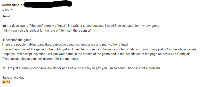 FlamezPlays's tweet photo. In counterpoint, the VO work I did with @DemaStudios was great, they provided good direction, were totally upfront about what was going on, gave appropriate credits to all the voice actors and I had fun voicing Johnson The Sponsor for The Pancakes Official Gameshow. https://t.co/3JG9JwMMp7