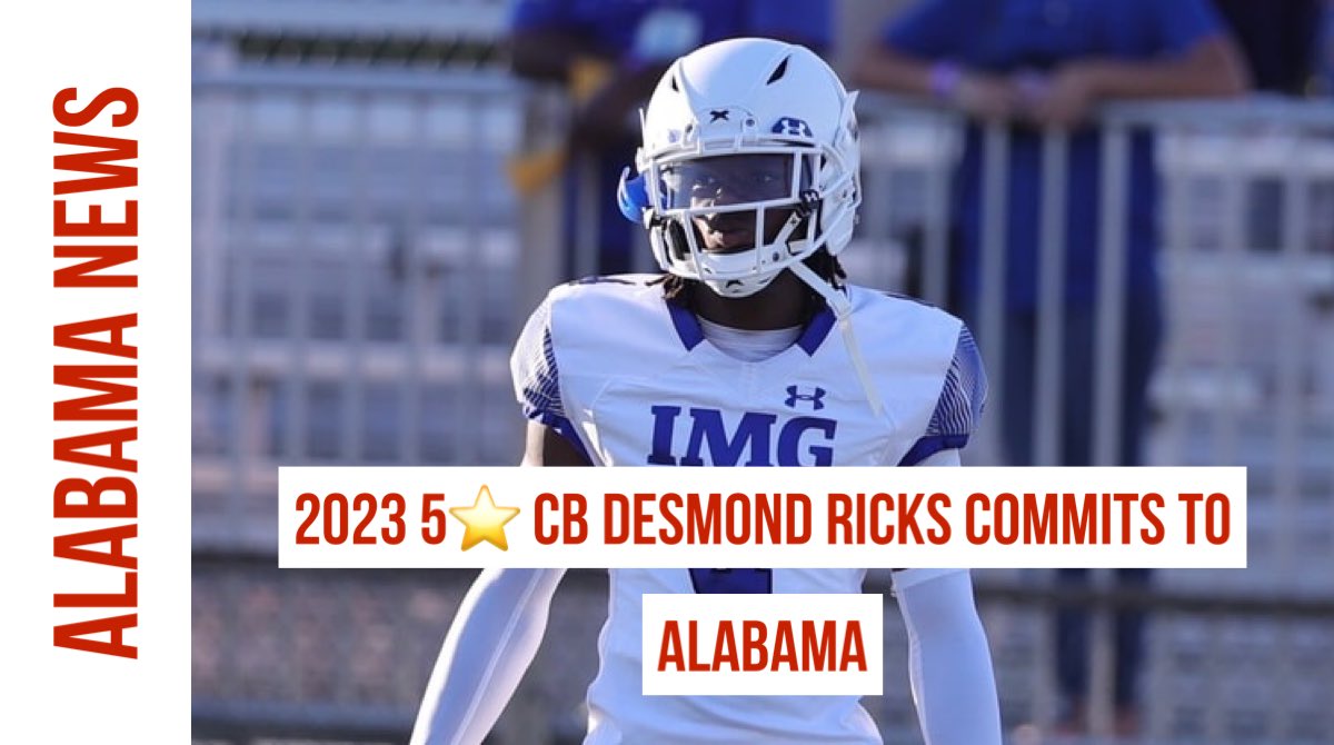 SSN_Alabama's tweet photo. 2023 5⭐️ CB Desmond Ricks has committed to Alabama.

Alabama now has 6 out of the top 20 players in the nation for 2023, and officially the greatest recruiting class of all time 🤯 https://t.co/ieOpTBhfoq