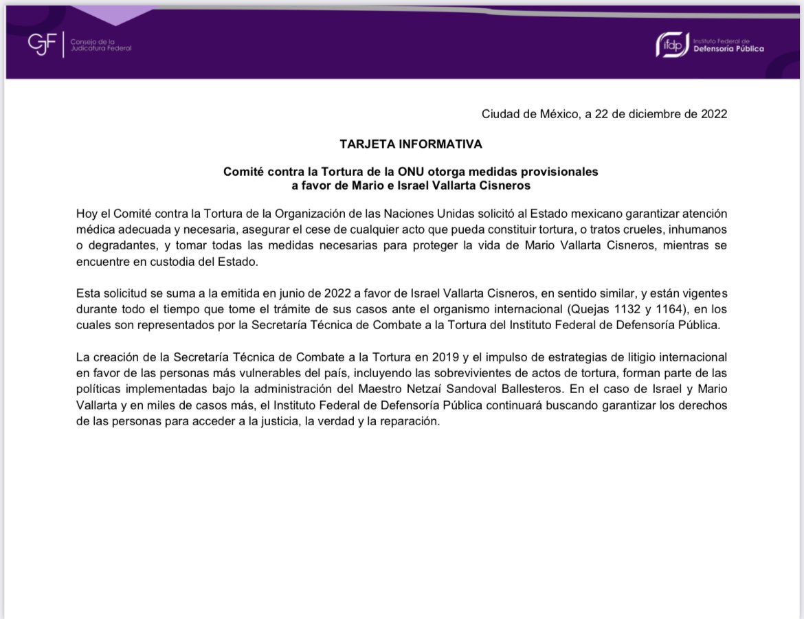 eseleyva1's tweet photo. La @defensoriaifdp obtuvo del Comité contra la Tortura de la ONU, medidas provisionales para salvaguardar la vida e integridad de Mario e Israel Vallarta Cisneros, en el marco de las quejas en las que son representados por la Secretaría Técnica de Combate a la Tortura del IFDP. https://t.co/LhDuHqVNzR
