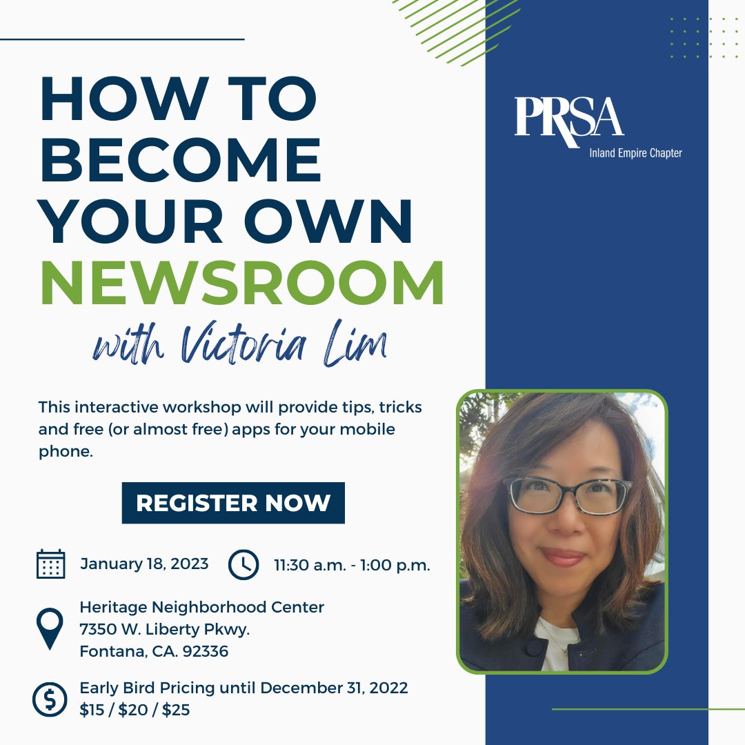 prsaie's tweet photo. Learn how you can be your own newsroom during this interactive workshop with Victoria Lim📰The workshop takes place on Wednesday, January 18, 2023, from 11:30 a.m. to 1:00 p.m. at the Heritage Neighborhood Center in Fontana.
Register today: https://t.co/KnFO7cXAru #prsaIE https://t.co/994llVojRb