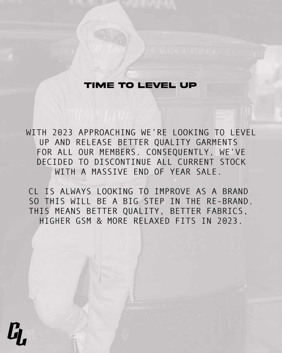 CLClothingUK's tweet photo. With 2023 approaching we’re looking to level up and release better quality garments for all our members. Consequently we’ve decided to discontinue all current stock with a massive end of year sale.

https://t.co/zVosNkrKOK https://t.co/sHSqDXUmbY