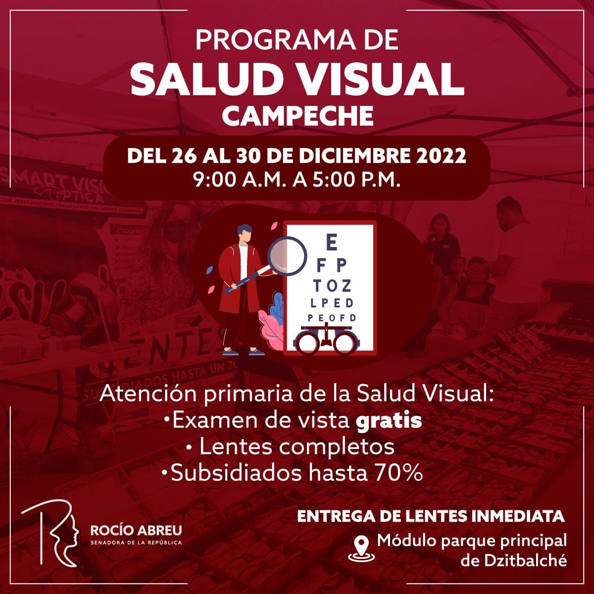RocioAbreuA's tweet photo. ¡Comunidad de #Dzitbalché! Los esperamos en nuestros módulos de #SaludVisual ubicados en el Parque Principal del poblado los días del 26 al 30 de diciembre.

No dejes tu salud para después, te ofrecemos:
- Examen de vista gratis
- Entrega inmediata de lentes completos.

 #Morena https://t.co/aQ8IaOkpRe