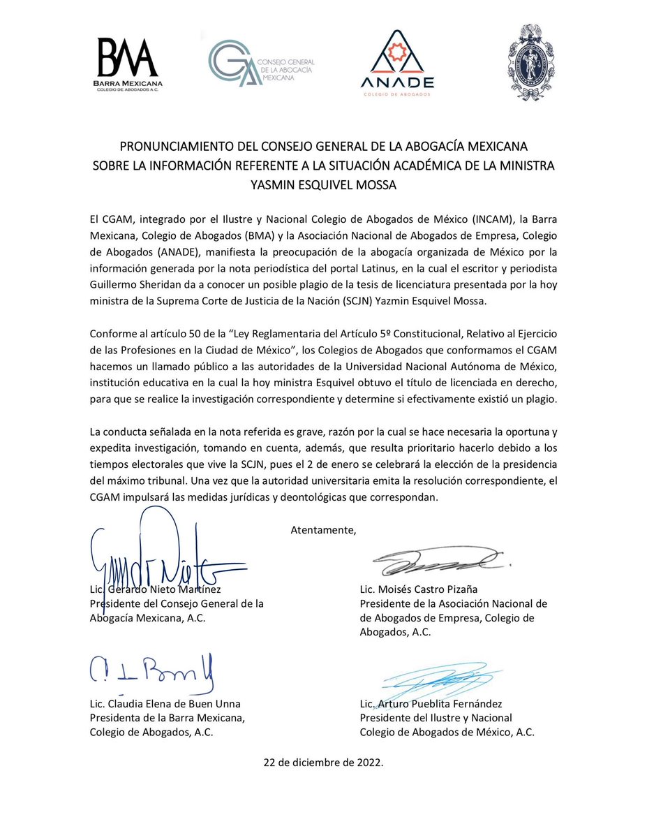 Se comparte pronunciamiento del Consejo General de la Abogacía Mexicana sobre la información referente a la situación académica de la Ministra Yasmín Esquivel.