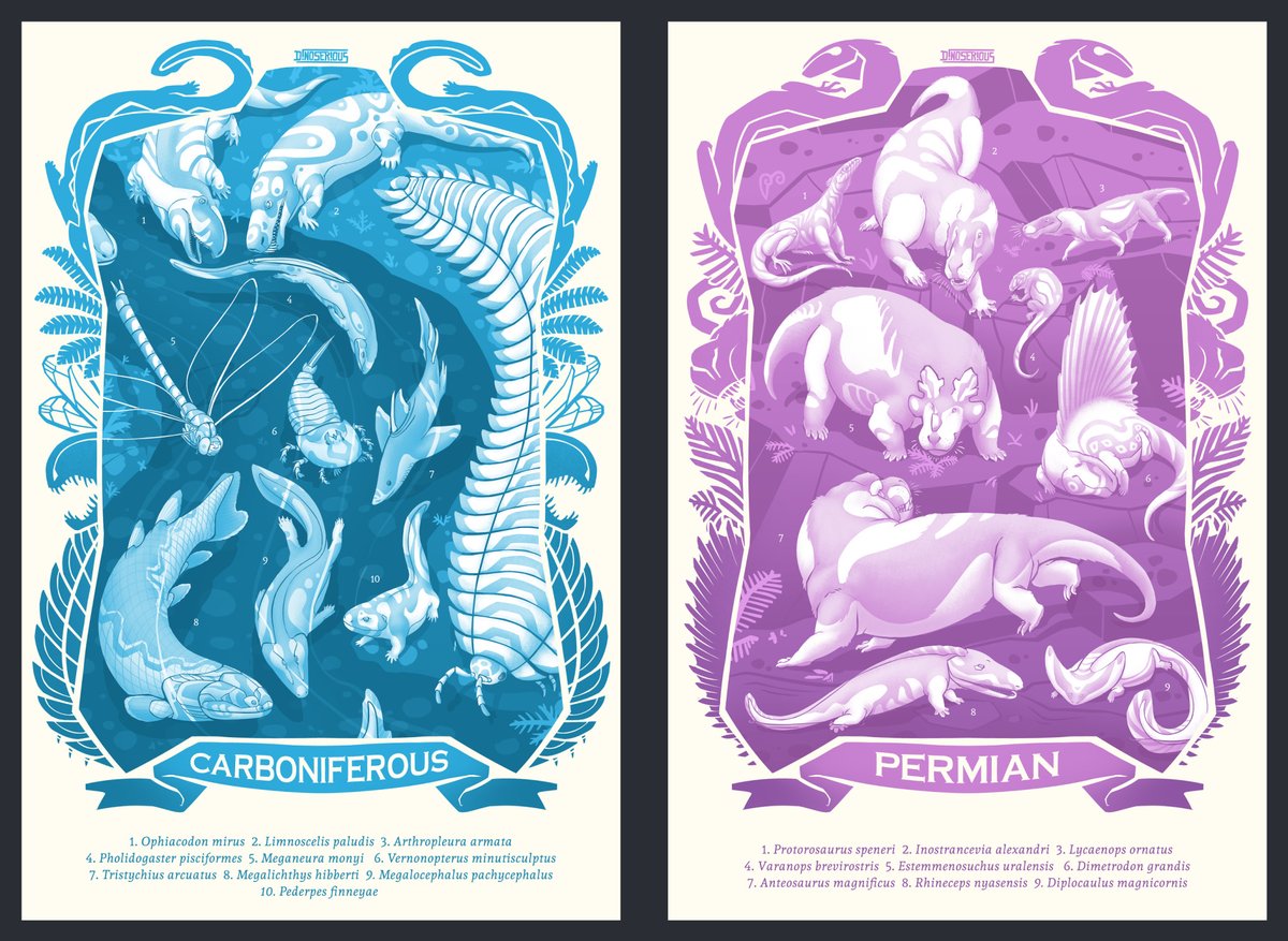 dinoserious's tweet image. hmm thinking. still really like the frames i did on my paleozoic posters, esp carboniferous and permian. i worked on these in order (cambrian first-&amp;gt;permian last) and i think i really got the vibe nailed down for the last two