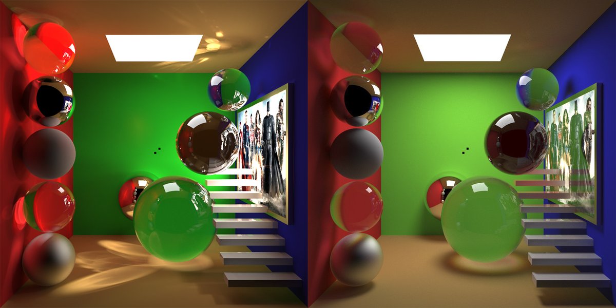 gfxbean's tweet photo. Had some time to try out my old real-time path tracer ( RayFlex ) on an RTX 4090 and made some visual improvements while I was at it. Runs 25x faster than the laptop I developed it on 5 years ago. Latest image on the left. 3 billion ray bounces per second. https://t.co/TCFi5gLSAJ