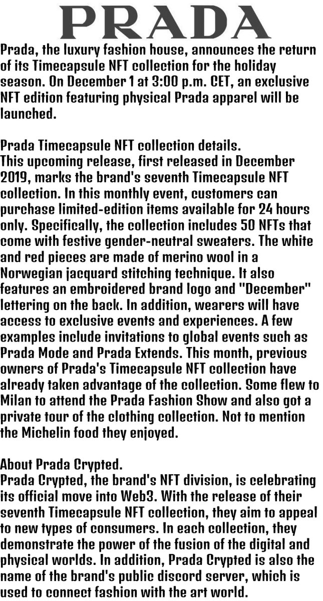 GeneParto's tweet photo. Prada will release NFT "Timecapsule" for the 🧑‍🎄holiday season
#Christmas #news #NFTs #PradaHoliday22 https://t.co/AqkqXwbXpD