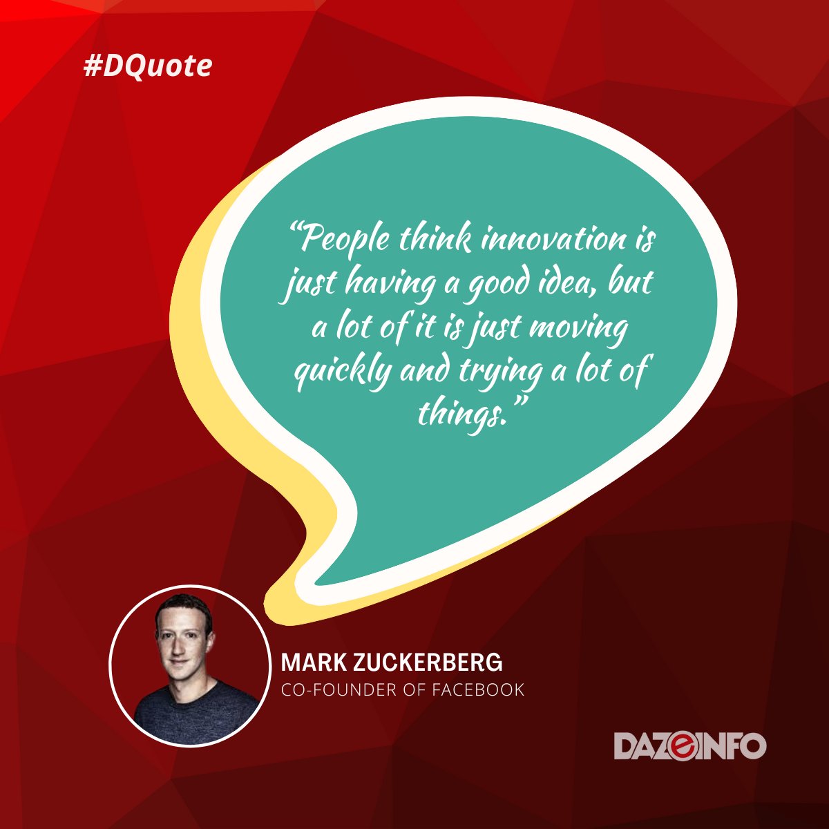 Dazeinfo's tweet photo. There is no #innovation without #experimentation. The common misconception is that innovation is all about new ideas: as long as we have ideas, everything else will magically solve itself. "The best idea" is a dangerous myth.
#dazeinfo #dquotes #MarkZuckerberg #motivation https://t.co/aHB9mUDoE7