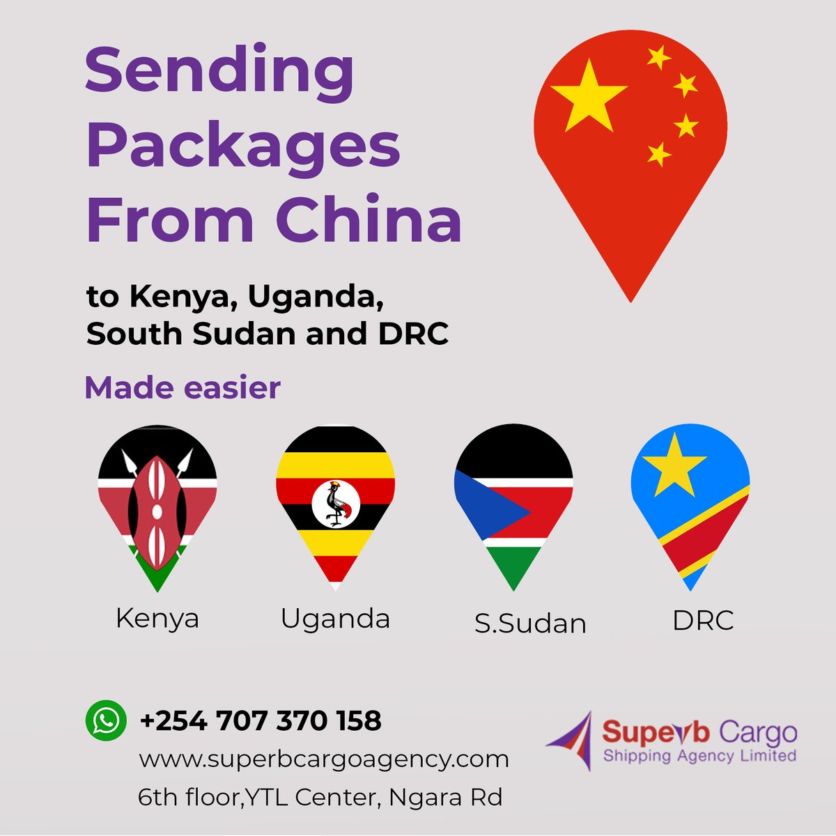 Start your new year with enough stock for your business from China. It's a start move to get your shipments on time. Your shipment from China will take 30-40 days to get to Kenya.

For more inquiries, reach us via WhatsApp on +254 707 370158 or Email, info@superbcargoagency.com.