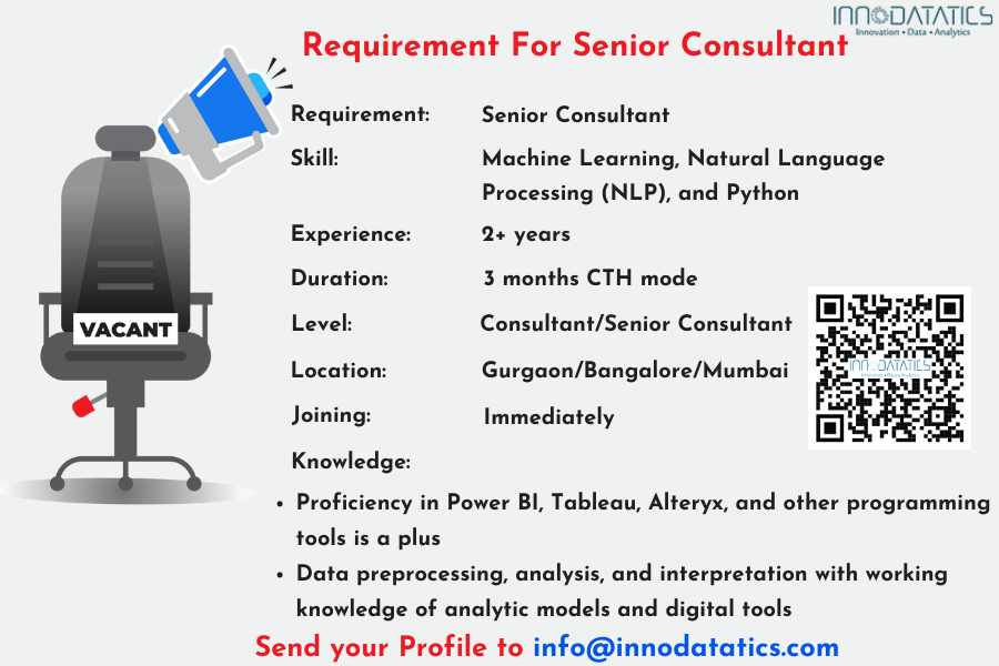 Innodatatics1's tweet photo. Requirement For Senior Consultant
https://t.co/i3EjLhLWGE
#Requirement #Seniorconsultant #NLP #ML #Machinelearning #Tableau #Alteryx #Python #Deeplearning #Consultant #Jobs #jobhiring #Job #hiring #latest #profiles #resumes #vacancyjobs #vacancy https://t.co/NIsSFKWtlN