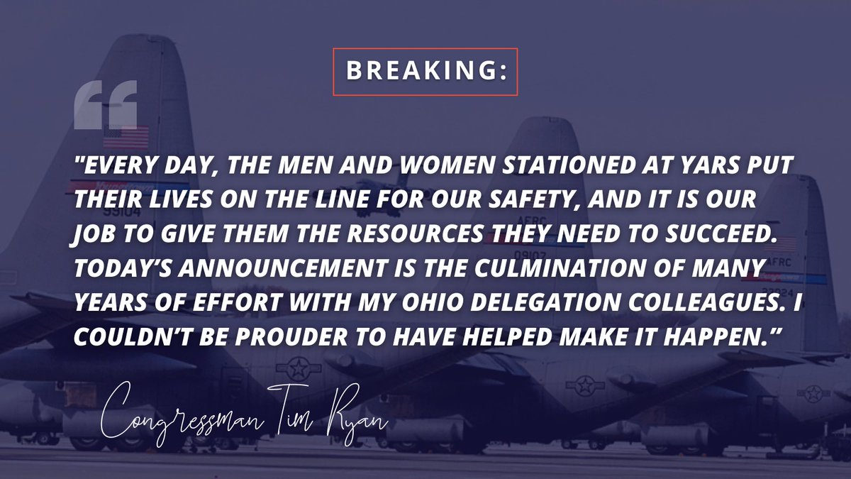 BREAKING: The Youngstown Air Reserve Station has been selected as the preferred location for eight new C-130Js. Proud to have worked with @SenSherrodBrown to secure this major win — a massive $800 million investment — for Northeast Ohio and our men and women in uniform.