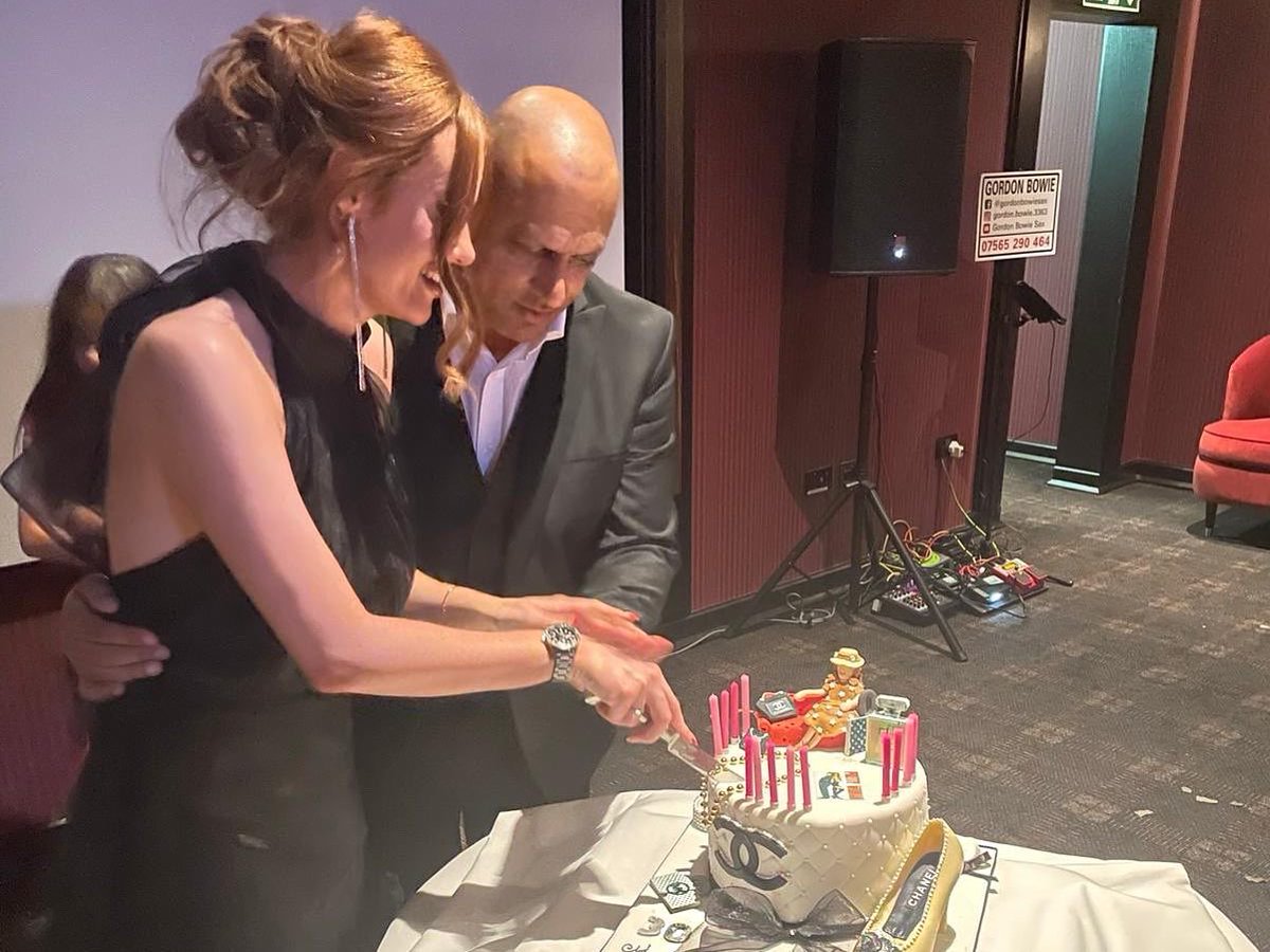 CarlyStarrs's tweet photo. Thought S &amp; I were going to dinner and instead I walked into the theatre at Cameron House that he had rented out + filled with all my loved ones for my 30th where we all watched my favourite film🥺 Polaroids hanging from balloons, a saxophone player and the most amazing cake 😭♥️ https://t.co/NvC7EHhgYq