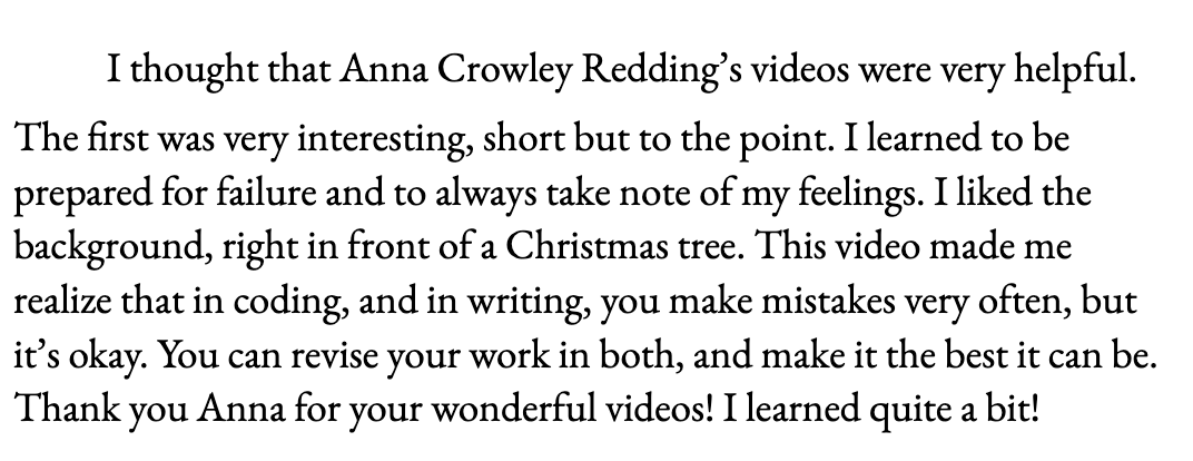 My school is fortunate to have <a href="/AnnaRedding/">Anna Crowley Redding</a>
 💕as our author-in-residence who sends us fabulous writing videos. <a href="/Washington_NJ/">Washington</a>  One Ss comments,