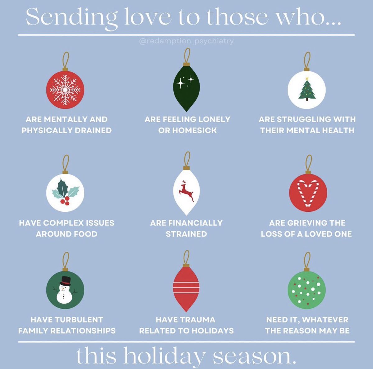the holidays can be difficult for many. take care of yourself this holiday season. you’re never alone🤍
#MentalHealthMatters
